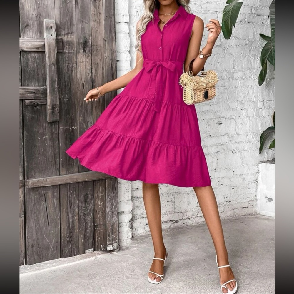 Boho ruffle hem belted shirt dress - Picture 4 of 16